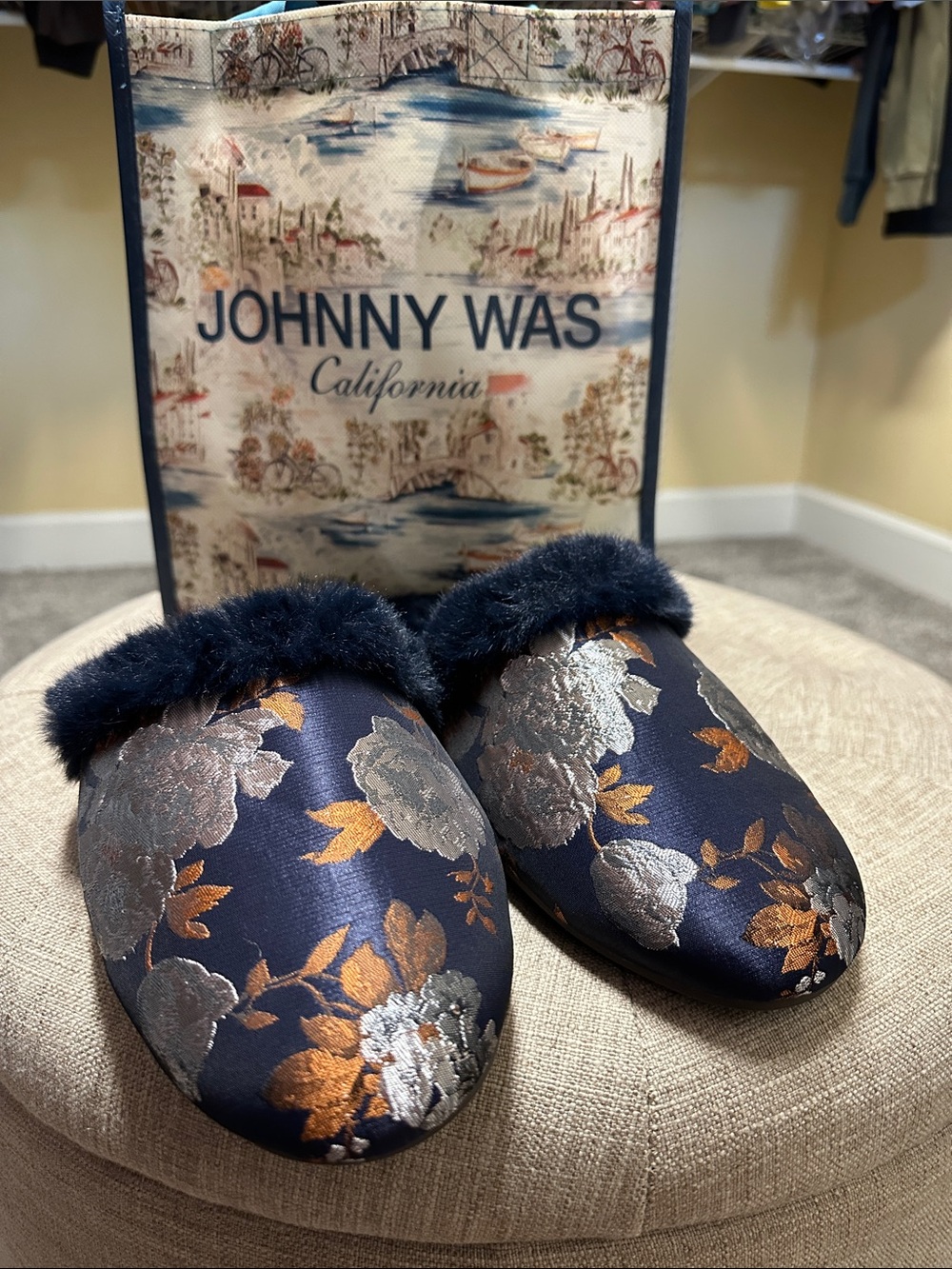 Johnny Was Navy Floral Metallic Jacquard Faux-Fur Mules
